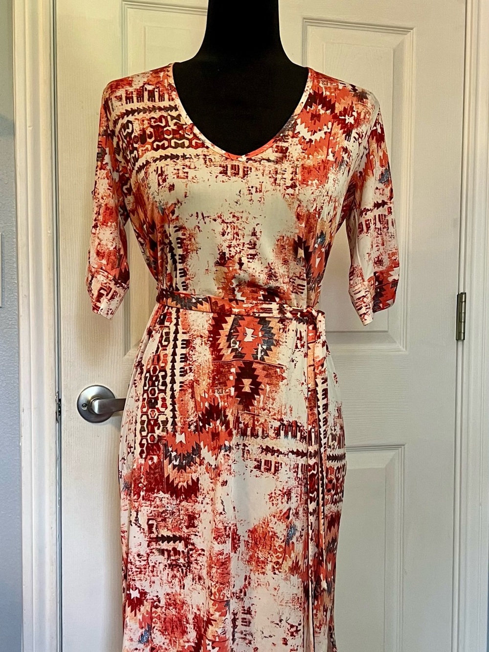 Veronica M Rust and Cream Aztec-Print Wrap Midi Dress